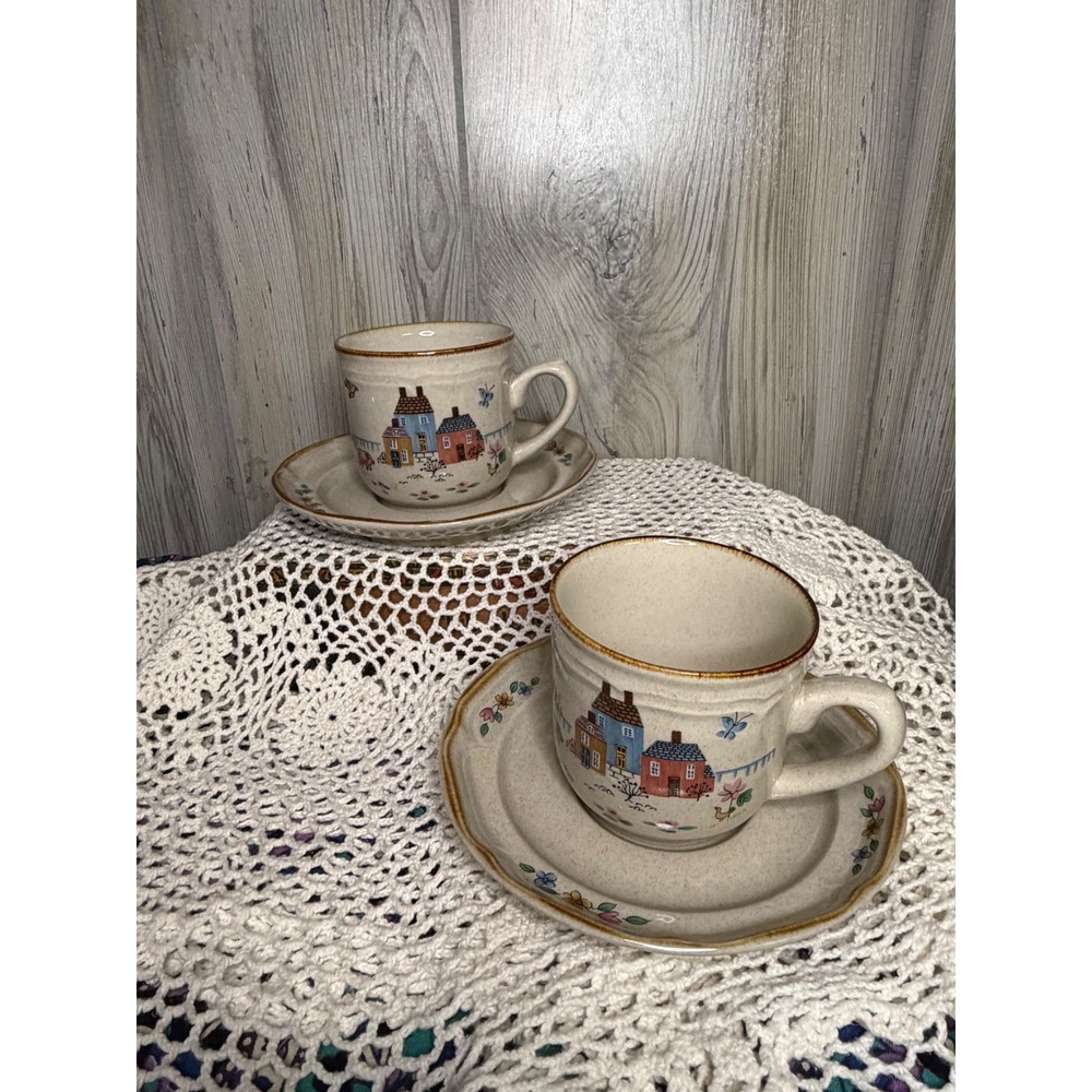 International Stoneware Heartland Coffee Cup Saucer Set Folk Art Japan 4pc